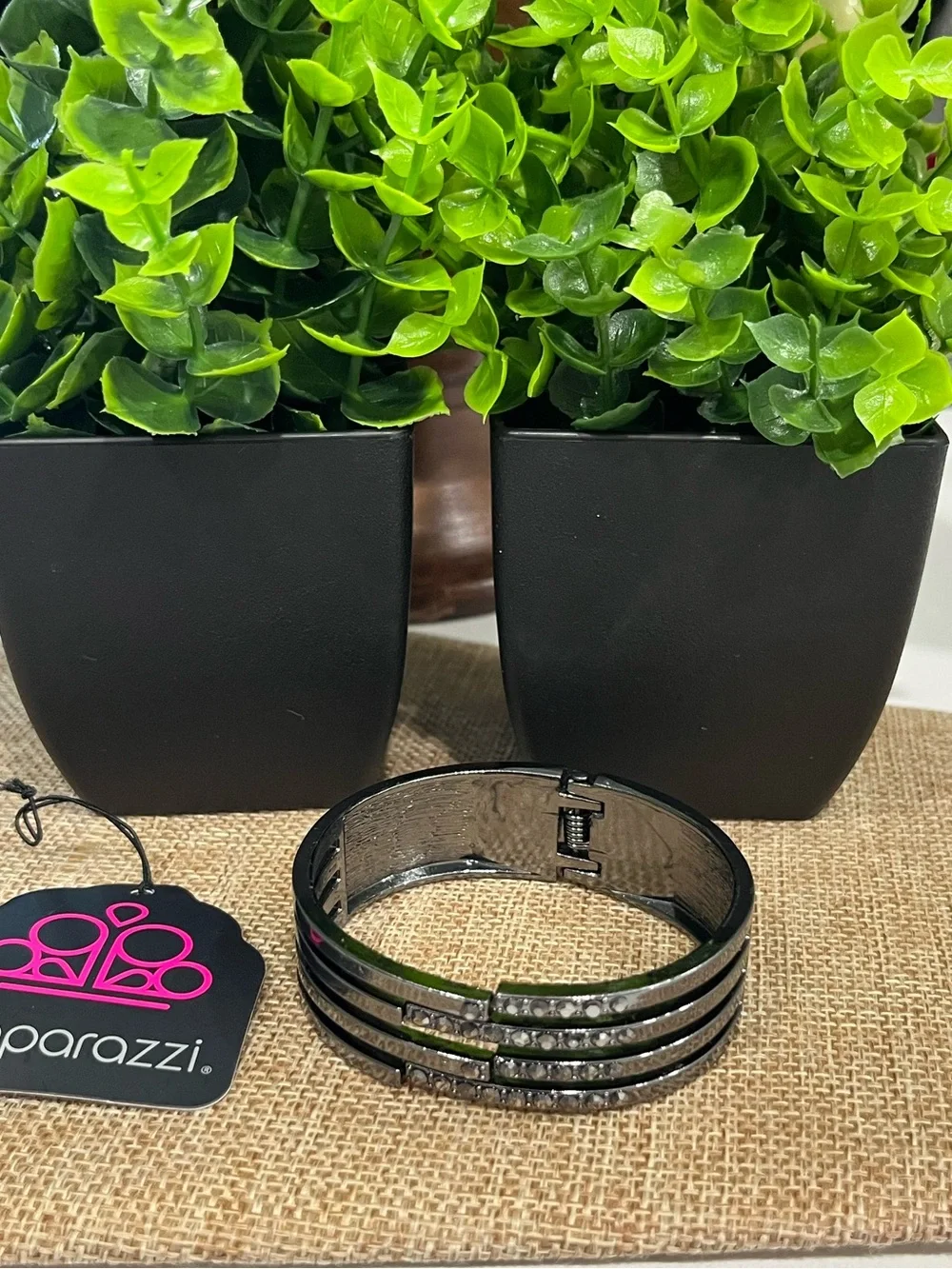 paparazzi Black Triple-Row Crystal Cuff Bracelet